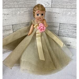 Antique Celluloid 6” Doll Girl In Fabric Dress On Attached Cardboard Stand